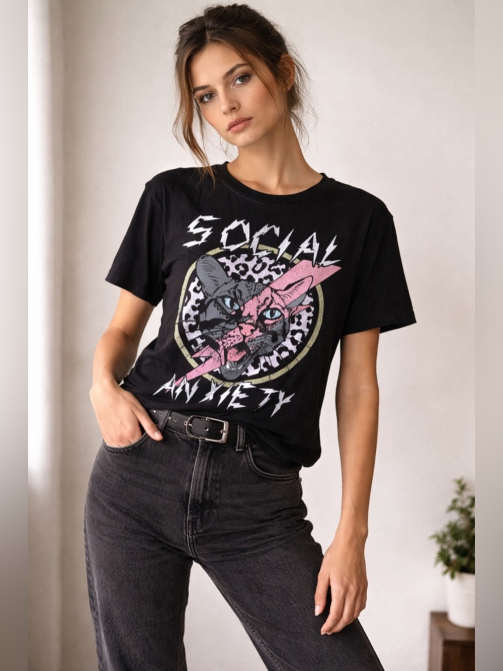 Social Anxiety Graphic Tee Leopard Cat Lightning Bolt Y2K Emo Grunge Black S